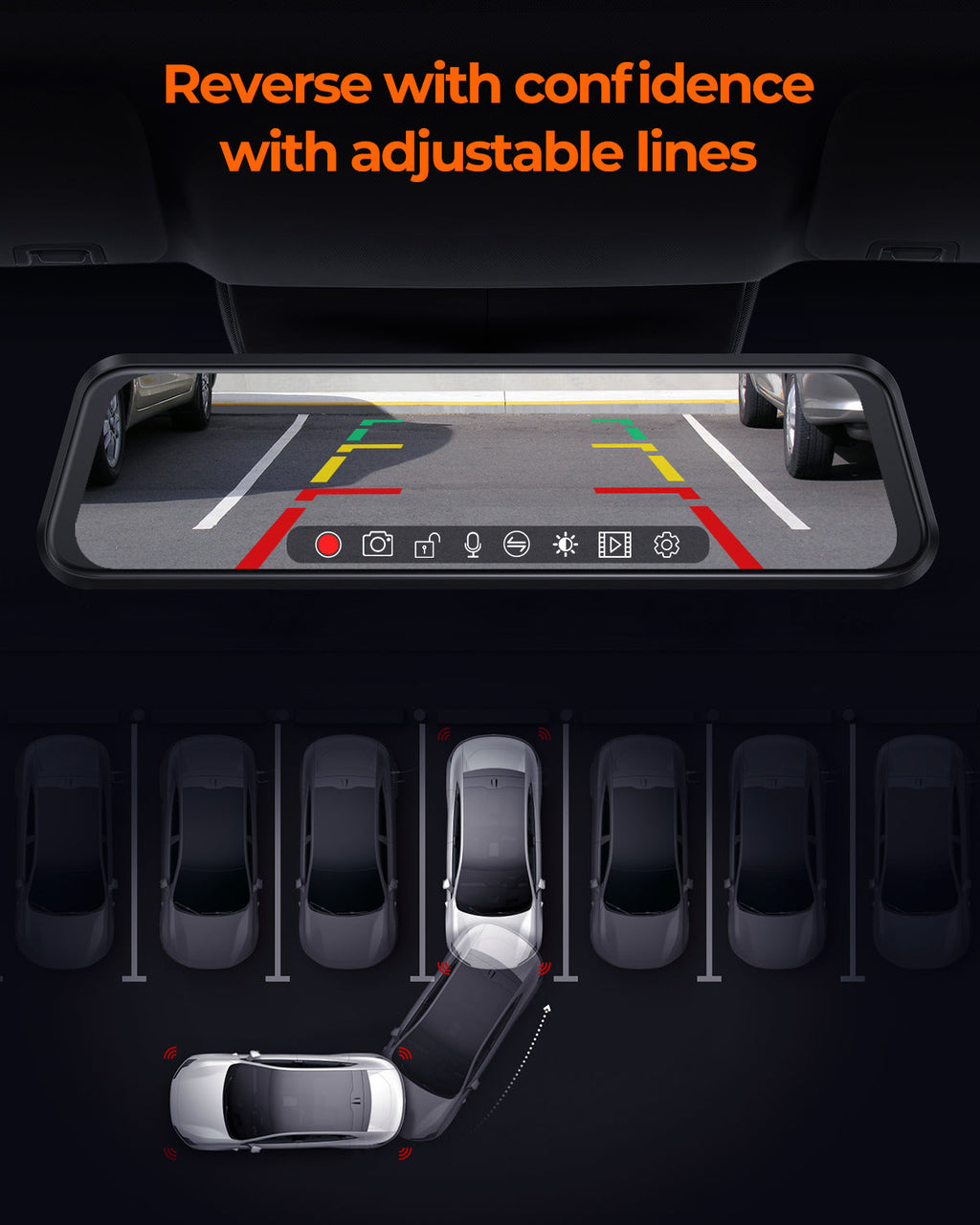 M4 3ch Mirror Dash Cam with 1080P 60fps Front+Rear+Bumper/Cabin Cameras, 12"IPS Touchscreen